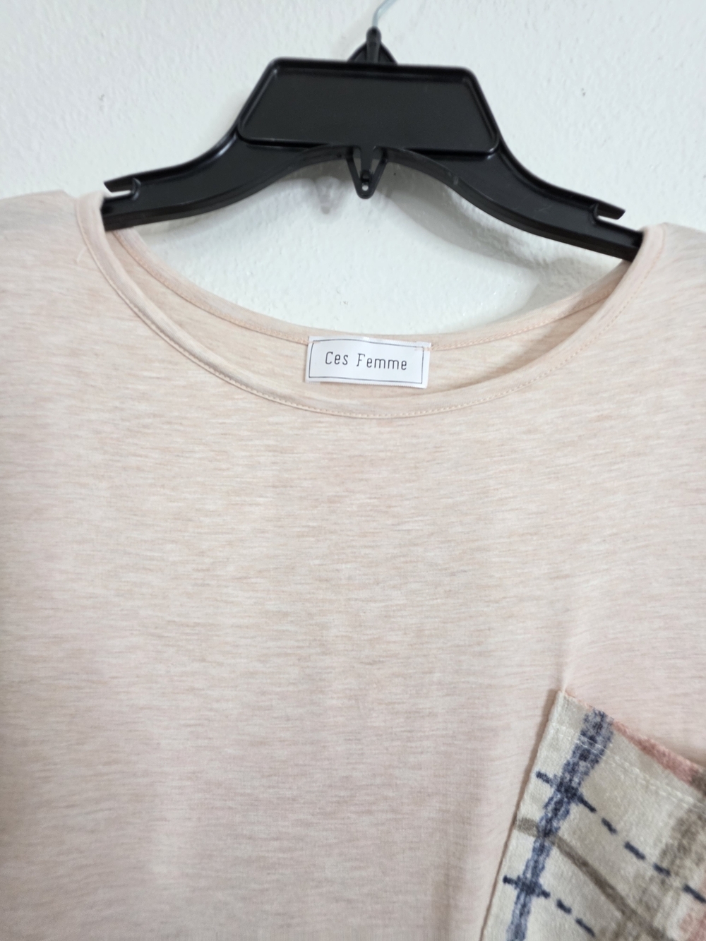 Ces Femme Womens Plaid Contrast Sleeve Pocket Top Medium Blush Pink - Picture 2 of 13